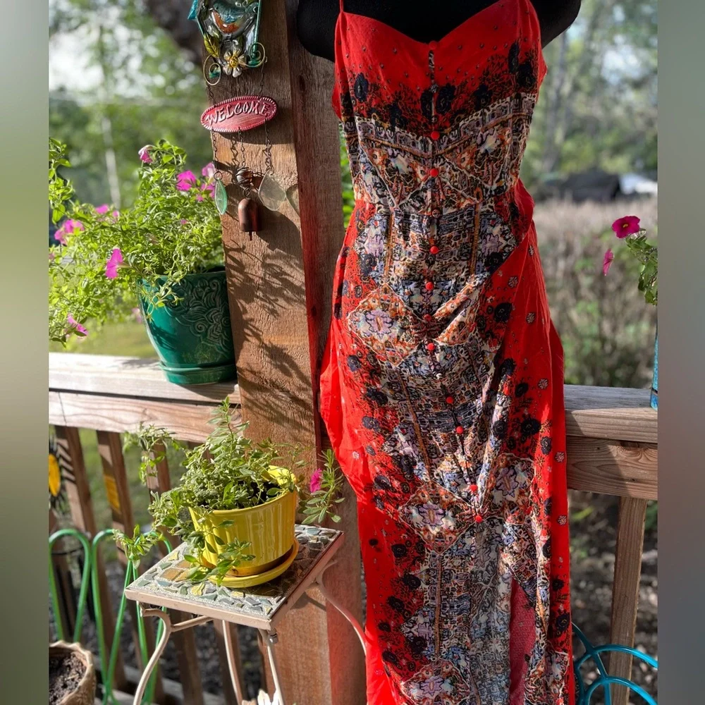 Free People Intimately Orange Multi-Color Artsy Spaghetti Strap Maxi Dress NWT - Picture 3 of 11